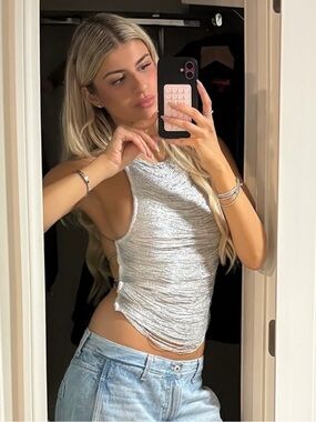 Edikted Silver Shimmer Ribbed Halter Tank Top